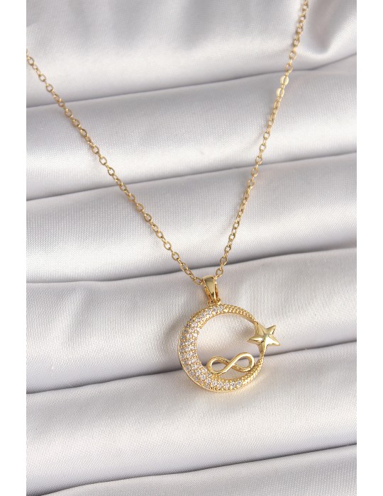 316L Çelik Gold Renk Zincir Zirkon Taşlı Ay Yıldız Model Sonsuzluk Detay Kadın Kolye - TJ-BKO10000