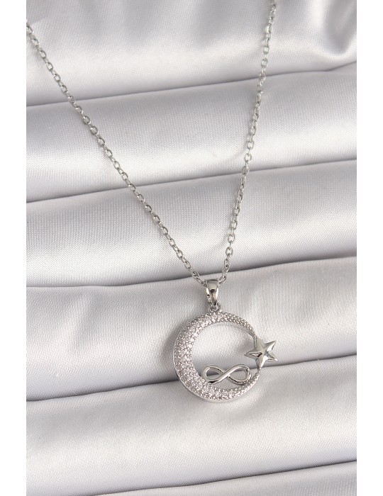 316L Çelik Gümüş Renk Zincir Zirkon Taşlı Ay Yıldız Model Sonsuzluk Detay Kadın Kolye - TJ-BKO10001