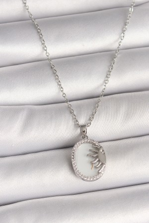 316L Çelik Gümüş Renk Zincir Beyaz Mineli Gün Batımı Model Zirkon Taş Detaylı Kadın Kolye - TJ-BKO10003