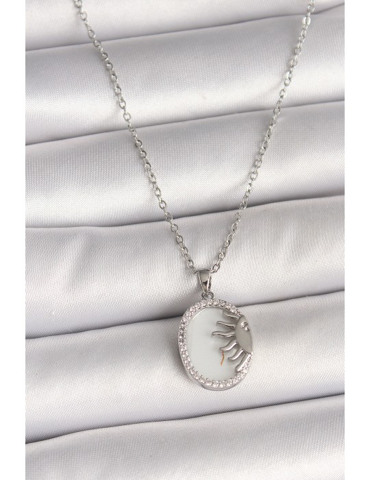 316L Çelik Gümüş Renk Zincir Beyaz Mineli Gün Batımı Model Zirkon Taş Detaylı Kadın Kolye - TJ-BKO10003