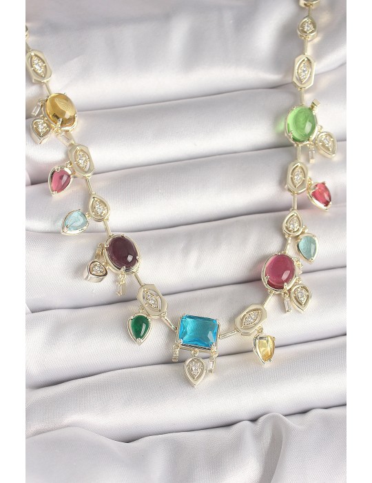 Pirinç Gold Renk Renli Zirkon Taşlı VIP Seri Kadın Kolye - TJ-BKO10004