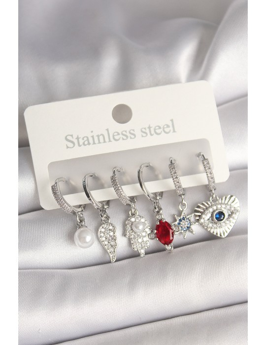 Pirinç Gümüş Renk Zirkon Taşlı Fatma Ana El Figür Kadın Küpe Seti - TJ-BKP10425