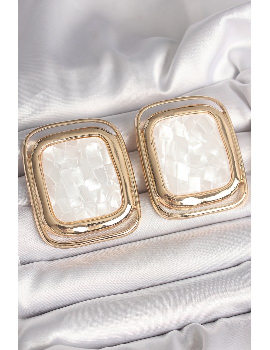Pirinç Gold Renk Beyaz Mineli Kare Model Kadın Küpe - TJ-BKP10428