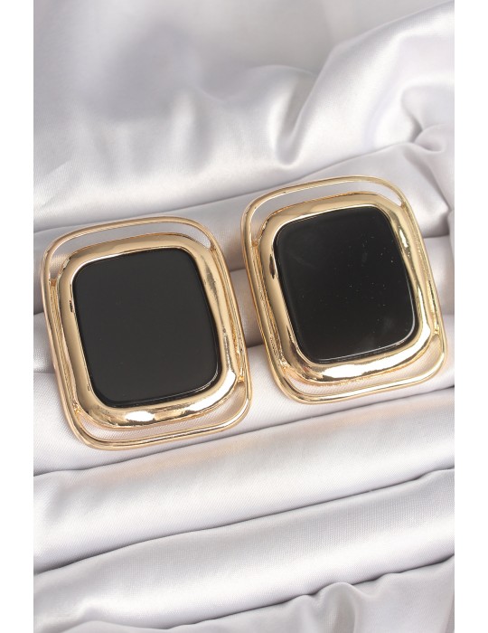 Pirinç Gold Renk Siyah Mineli Kare Model Kadın Küpe - TJ-BKP10429