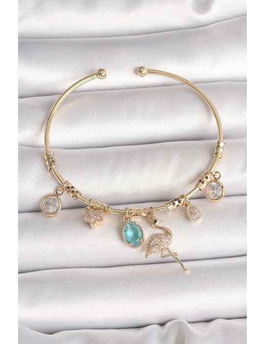 Pirinç Gold Renk Zirkon Taşlı Sallantı Filamingo Figür Charm Kadın Bileklik - TJ-BB6885
