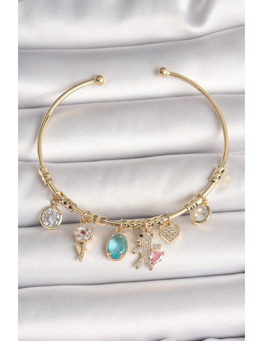 Pirinç Gold Renk Sallantı Zirkon Taşlı AYıcık Figür Kalp Detay Charm Kadın Bileklik - TJ-BB6894