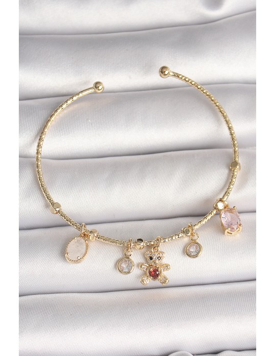 Pirinç Gold Renk Sallantı Zirkon Taşlı Ayıcık Figür Kırmızı Kalp Detay Charm Kadın Bileklik - TJ-BB6896