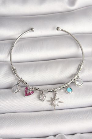Pirinç Gümüş Renk Sallantı Zirkon Taşlı Kutup Yıldız Figür Kalp Detay Charm Kadın Bileklik - TJ-BB6898