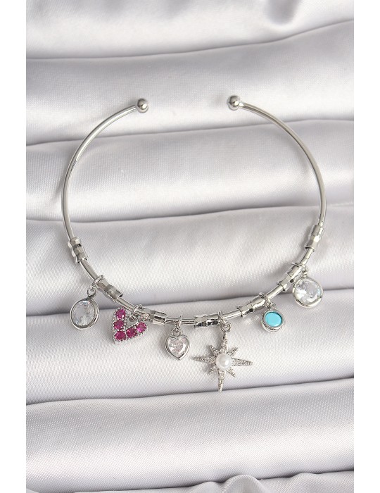 Pirinç Gümüş Renk Sallantı Zirkon Taşlı Kutup Yıldız Figür Kalp Detay Charm Kadın Bileklik - TJ-BB6898
