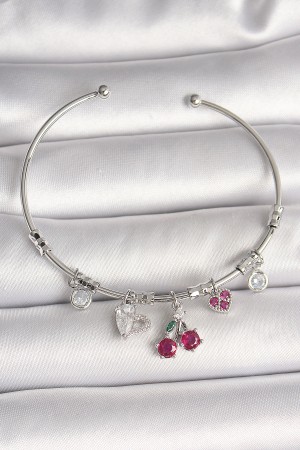 Pirinç Gümüş Renk Sallantı Kiraz Figür Kalp Detay Charm Kadın Bileklik - TJ-BB6901