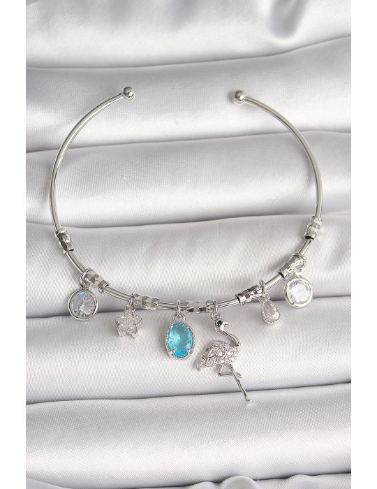 Pirinç Gümüş Renk Sallantı Zirkon Taşlı Filaminga Figür Charm Kadın Bileklik - TJ-BB6903