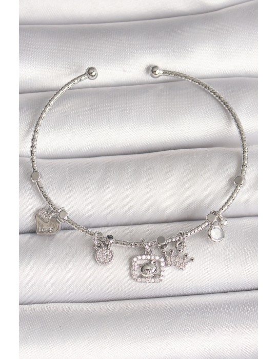 Pirinç Gümüş Renk Sallantı Zirkon Taşlı Ayıcık Figür Taç Detay Charm Kadın Bileklik - TJ-BB6907