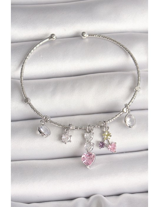 Pirinç Gümüş Renk Sallantı Zirkon Taşlı Kalp Figür Charm Kadın Bileklik - TJ-BB6910