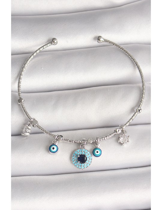 Pirinç Gümüş Renk Sallantı Zirkon Taşlı Nazar Boncuk Figür Charm Kadın Bileklik - TJ-BB6911