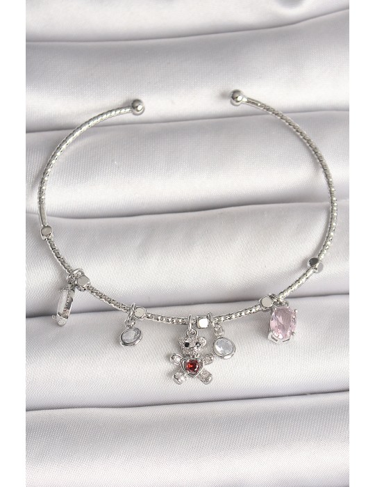 Pirinç Gümüş Renk Sallantı Zirkon Taşlı Ayıcık Figür Kırmızı Taş Detay Charm Kadın Bileklik - TJ-BB6912