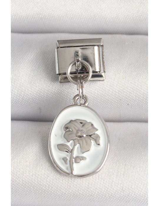 316L Çelik Gümüş Renk Çiçek İşlemeli Beyaz Portre Model Nomination Charm - TJ-BC1214