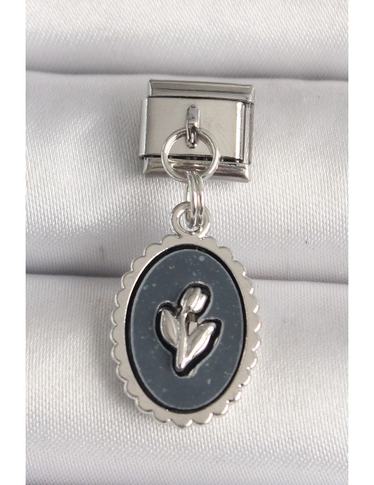 316L Çelik Gümüş Renk Çiçek İşlemeli Siyah Portre Model Nomination Charm - TJ-BC1215