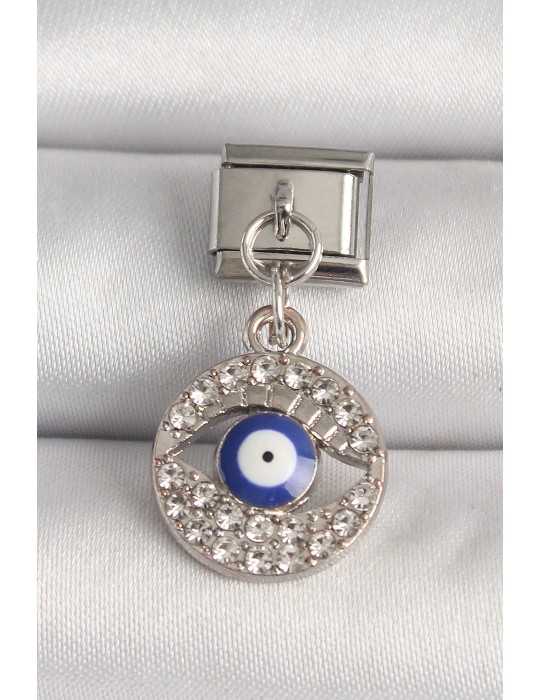 316L Çelik Gümüş Renk Zirkon Taşlı Göz Model Nazar Boncuk Detay Nomination Charm - TJ-BC1217