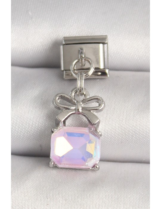 316L Çelik Gümüş Renk Pembe Zirkon Taşlı Çanta Model Nomination Charm - TJ-BC1301