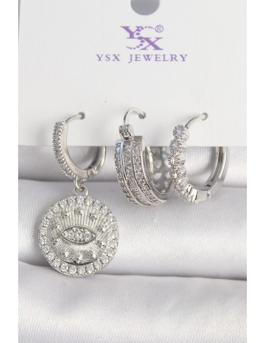 Pirinç Gümüş Renk Zirkon Taşlı Göz İşlemeli Halka Model 3'Lü Kadın Kombin Küpe - TJ-BKP10436