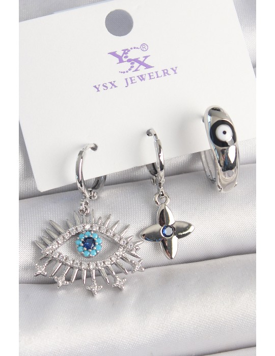 Pirinç Gümüş Renk Zirkon Taşlı Göz Model Nazar Boncuk Detay 3'Lü Kadın Kombin Küpe - TJ-BKP10440