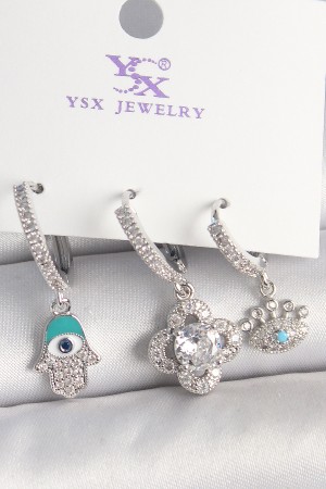 Pirinç Gümüş Renk Zirkon Taşlı Fatma Ana Yonca Figür Göz Detay 3'Lü Kadın Kombin Küpe - TJ-BKP10450 Pirinç Gümüş Renk Zirkon Taşlı Fatma Ana Yonca Figür Göz Detay 3'Lü Kadın Kombin Küpe - TJ-BKP10450