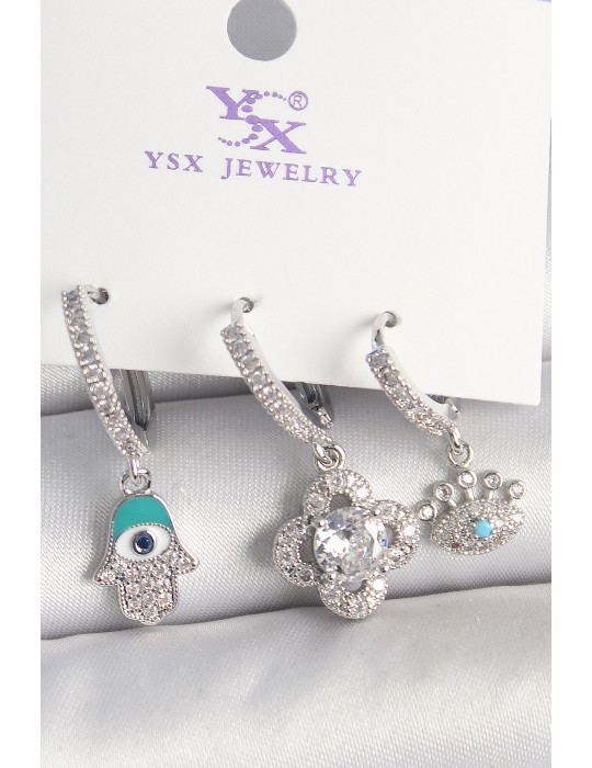 Pirinç Gümüş Renk Zirkon Taşlı Fatma Ana Yonca Figür Göz Detay 3'Lü Kadın Kombin Küpe - TJ-BKP10450