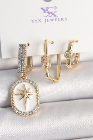 Pirinç Gold Renk Sallantı Zirkon Taş İşlmeli Yıldız Portre Model 3'Lü Kadın Kombin Küpe - TJ-BKP10452