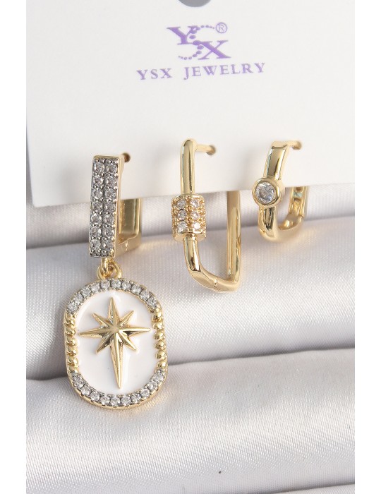 Pirinç Gold Renk Sallantı Zirkon Taş İşlmeli Yıldız Portre Model 3'Lü Kadın Kombin Küpe - TJ-BKP10452