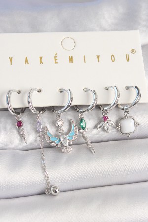 Pirinç Gümüş Renk Zirkon Taşlı Kuş Figür Çiçek Detay 6'Lı Kadın Kombin Küpe - TJ-BKP10454 Pirinç Gümüş Renk Zirkon Taşlı Kuş Figür Çiçek Detay 6'Lı Kadın Kombin Küpe - TJ-BKP10454