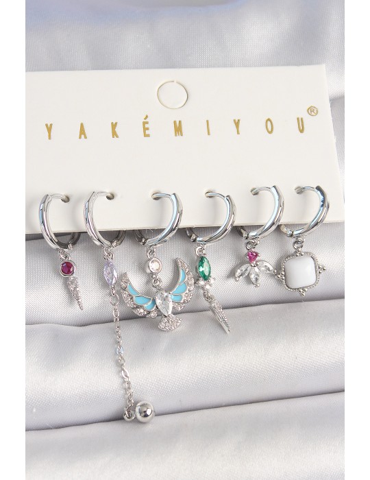 Pirinç Gümüş Renk Zirkon Taşlı Kuş Figür Çiçek Detay 6'Lı Kadın Kombin Küpe - TJ-BKP10454