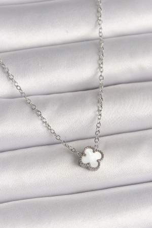 316L Çelik Gümüş Renk Beyaz Yonca Model Kadın Kolye - TJ-BKO10020