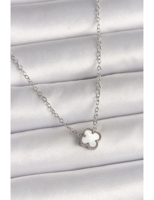 316L Çelik Gümüş Renk Beyaz Yonca Model Kadın Kolye - TJ-BKO10020