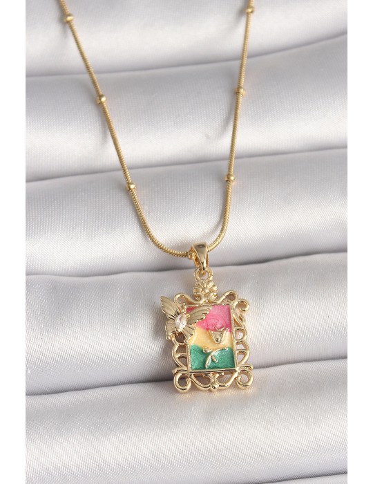 316L Çelik Gold Renk Renkli Zirkon Taşlı İşlemeli Portre Model Kadın Kolye - TJ-BKO10024