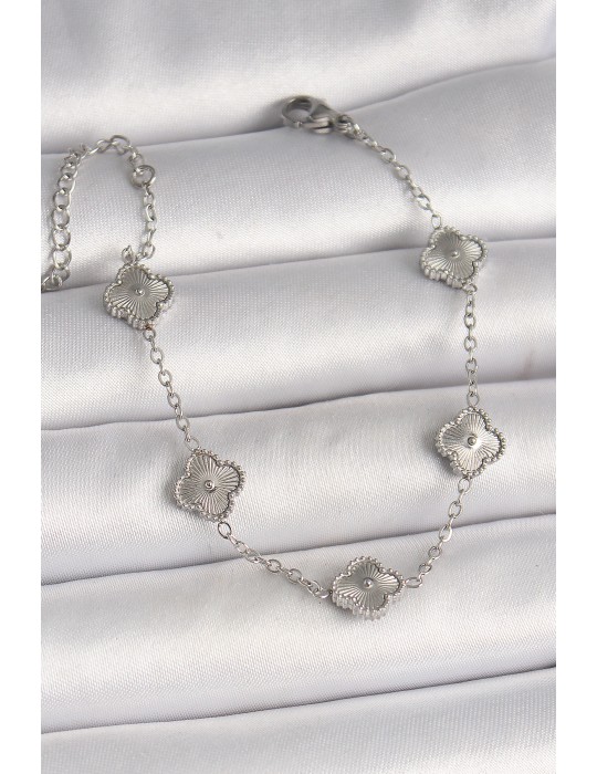 316L Çelik Gümüş Renk İşlemeli Yonca Model Kadın Bileklik - TJ-BB6927