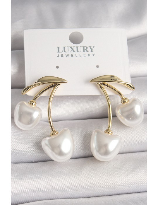 Pirinç Gold Renk Beyaz İnci Kiraz Model Kadın Küpe - TJ-BKP10461