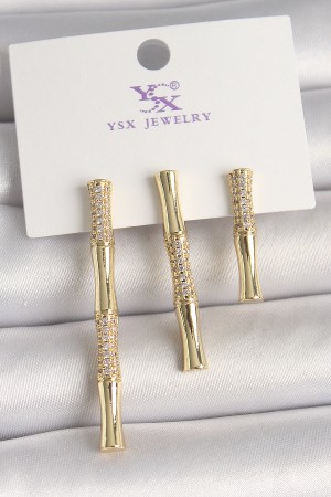 Pirinç Gold Renk Zirkon Taşlı Bambu Model 3'Lü Kadın Kombin Küpe - TJ-BKP10463 Pirinç Gold Renk Zirkon Taşlı Bambu Model 3'Lü Kadın Kombin Küpe - TJ-BKP10463