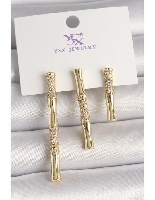 Pirinç Gold Renk Zirkon Taşlı Bambu Model 3'Lü Kadın Kombin Küpe - TJ-BKP10463