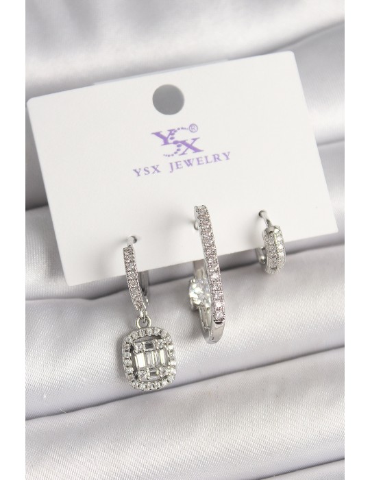 Pirinç Gümüş Renk Zirkon Taşlı Baget Halka Model 3'Lü Kadın Kombin Küpe - TJ-BKP10466