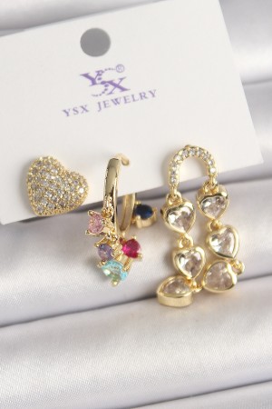 Pirinç Gold Renk Sallantı Zirkon Taşlı Kalp Model 3'Lü Kadın Kombin Küpe - TJ-BKP10469