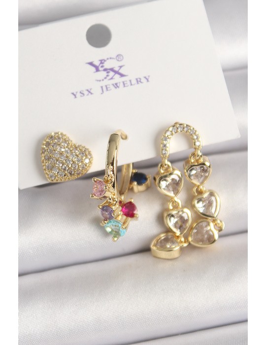 Pirinç Gold Renk Sallantı Zirkon Taşlı Kalp Model 3'Lü Kadın Kombin Küpe - TJ-BKP10469