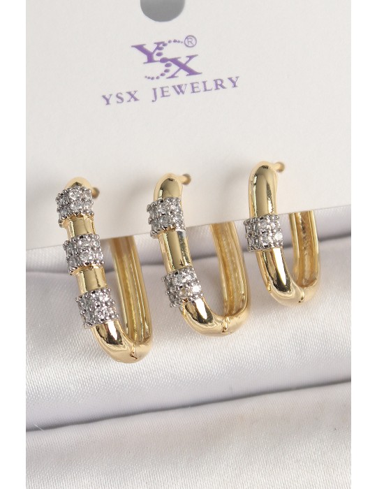 Pirinç Gold Renk 3'Lü Halka Model Gümüş Zirkon Taş Detaylı Kadın Kombin Küpe - TJ-BKP10472