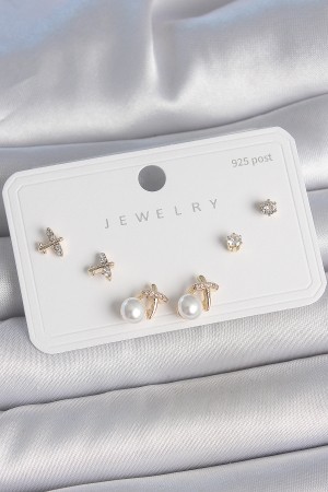 Pirinç Gold Renk Zirkon Taşlı Model İnci Detay 925 Ayar Gümüş Çivi Kadın Küpe Seti - TJ-BKP10478