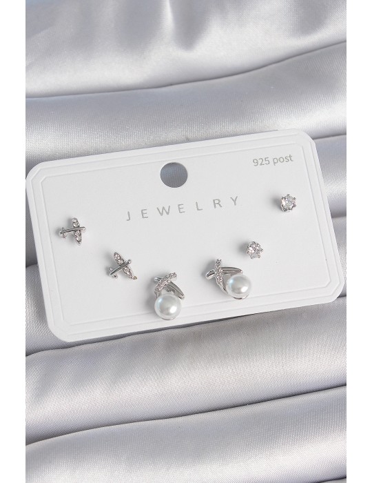 Pirinç Gümüş Renk Zirkon Taşlı Model İnci Detay 925 Ayar Gümüş Çivi Kadın Küpe Seti - TJ-BKP10479