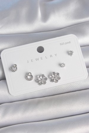 Pirinç Gümüş Renk Zirkon Taşlı Kar Tanesi Model 925 Ayar Gümüş Çivi Kadın Küpe Seti - TJ-BKP10483 Pirinç Gümüş Renk Zirkon Taşlı Kar Tanesi Model 925 Ayar Gümüş Çivi Kadın Küpe Seti - TJ-BKP10483