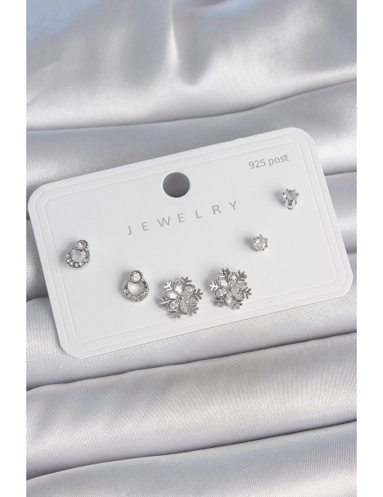 Pirinç Gümüş Renk Zirkon Taşlı Kar Tanesi Model 925 Ayar Gümüş Çivi Kadın Küpe Seti - TJ-BKP10483