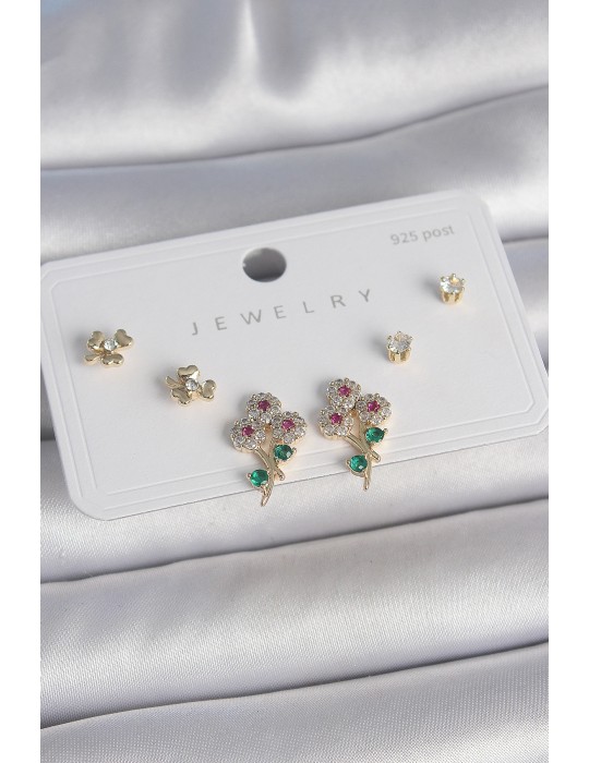 Pirinç Gold Renk Renkli Zirkon Taşlı Çiçek Model Yaprak Detay 925 Ayar Gümüş Çivi Kadın Küpe Seti - TJ-BKP10486