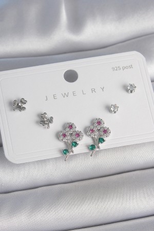 Pirinç Gümüş Renk Renkli Zirkon Taşlı Çiçek Model Yaprak Detay 925 Ayar Gümüş Çivi Kadın Küpe Seti - TJ-BKP10487 Pirinç Gümüş Renk Renkli Zirkon Taşlı Çiçek Model Yaprak Detay 925 Ayar Gümüş Çivi Kadın Küpe Seti - TJ-BKP10487