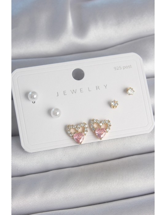 Pirinç Gold Renk Pembe Zirkon Taşlı Kalp Model İnci Detay 925 Ayar Kadın Küpe Seti - TJ-BKP10488