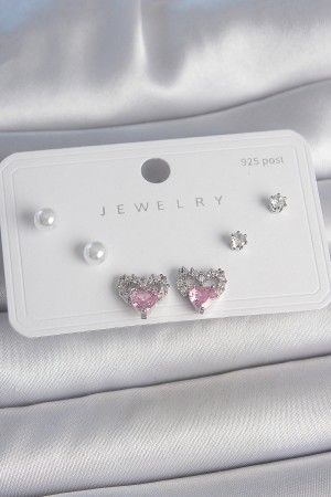 Pirinç Gümüş Renk Pembe Zirkon Taşlı Kalp Model İnci Detay 925 Ayar Gümüş Çivi Kadın Küpe Seti - TJ-BKP10489 Pirinç Gümüş Renk Pembe Zirkon Taşlı Kalp Model İnci Detay 925 Ayar Gümüş Çivi Kadın Küpe Seti - TJ-BKP10489